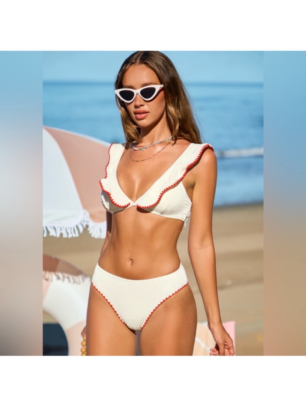 CUPSHE Ruffled V-Neck Cream Bikini Set with Red Trim - Women Swim M NWT